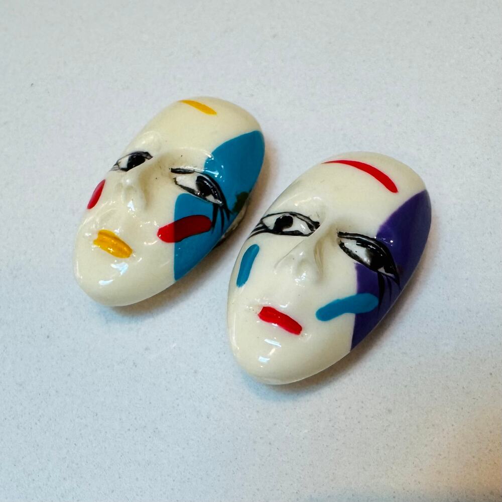 Vintage Abstract Face Button Covers Wearable Art Pair